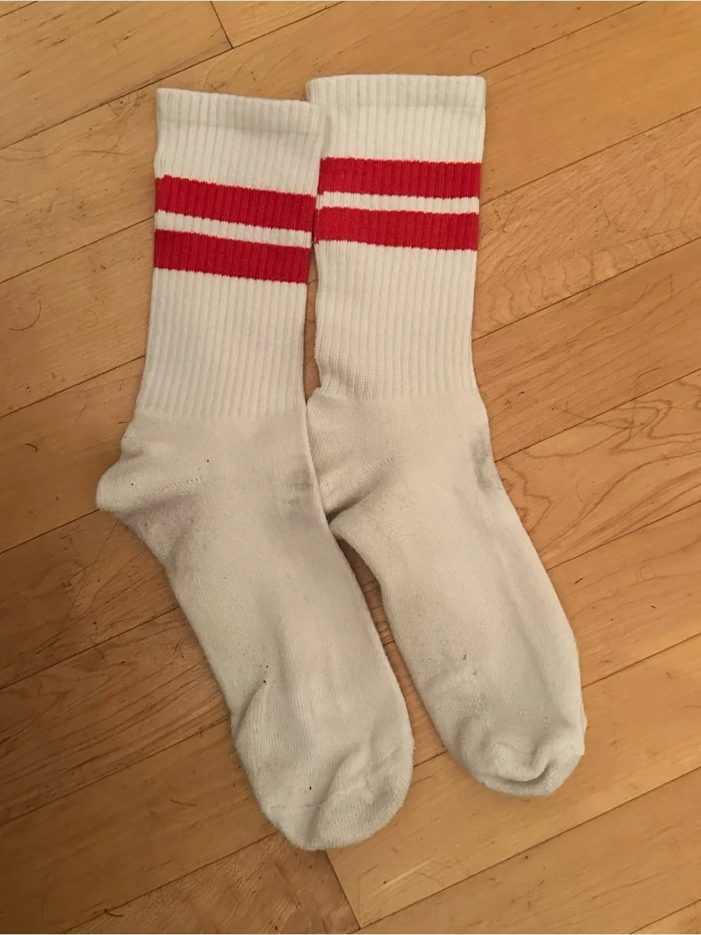 Men's White Crew Socks with Red Stripes